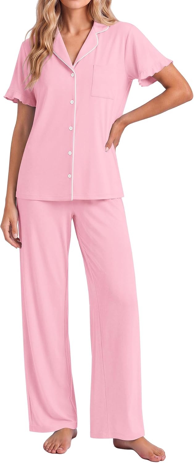 image:imageEkouaer Pajamas for Women Set Button Up Soft Pjs Short Sleeve Lounge Sets Cute Ruffle SleeveNotch CollarSide PocketsComfy Lightweight FabricIdeal for Daily WearPostpartumPartyPink