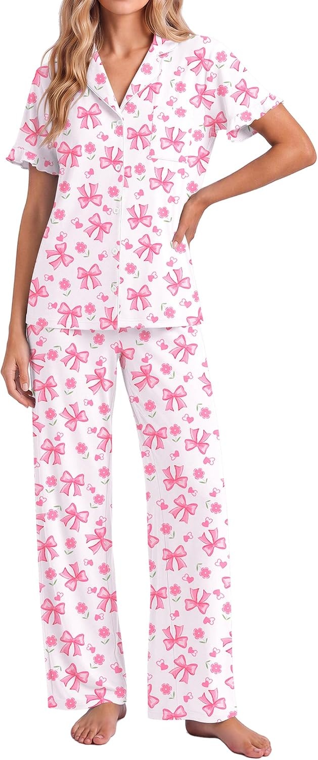 image:imageEkouaer Pajamas for Women Set Button Up Soft Pjs Short Sleeve Lounge Sets Cute Ruffle SleeveNotch CollarSide PocketsComfy Lightweight FabricIdeal for Daily WearPostpartumPartyPink Bow
