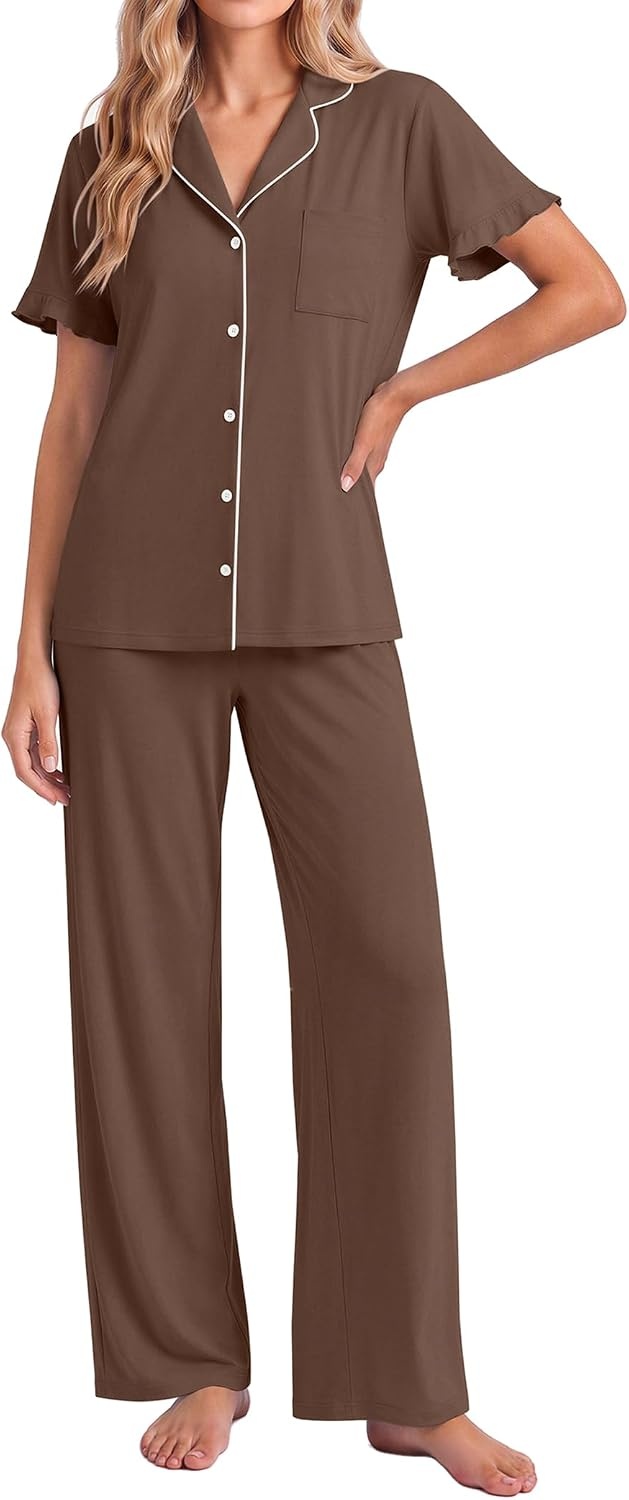 image:imageEkouaer Pajamas for Women Set Button Up Soft Pjs Short Sleeve Lounge Sets Cute Ruffle SleeveNotch CollarSide PocketsComfy Lightweight FabricIdeal for Daily WearPostpartumPartyBrown