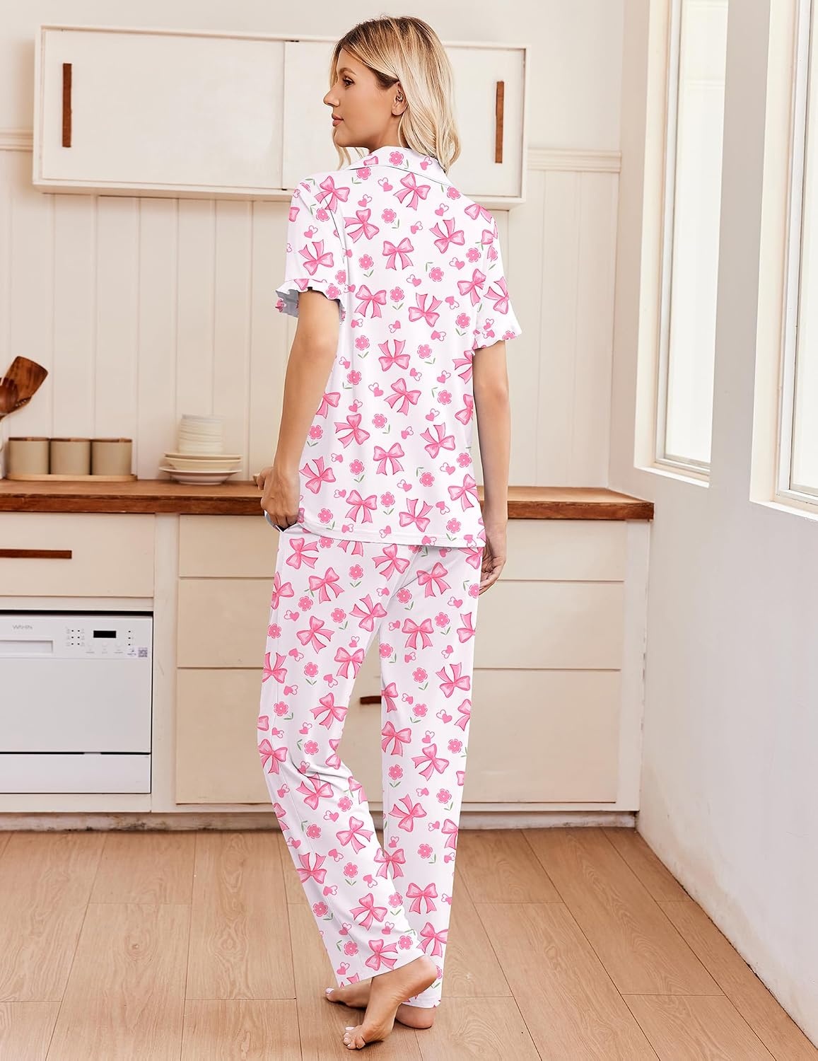 image:imageEkouaer Pajamas for Women Set Button Up Soft Pjs Short Sleeve Lounge Sets Cute Ruffle SleeveNotch CollarSide PocketsComfy Lightweight FabricIdeal for Daily WearPostpartumPartyPink Bow