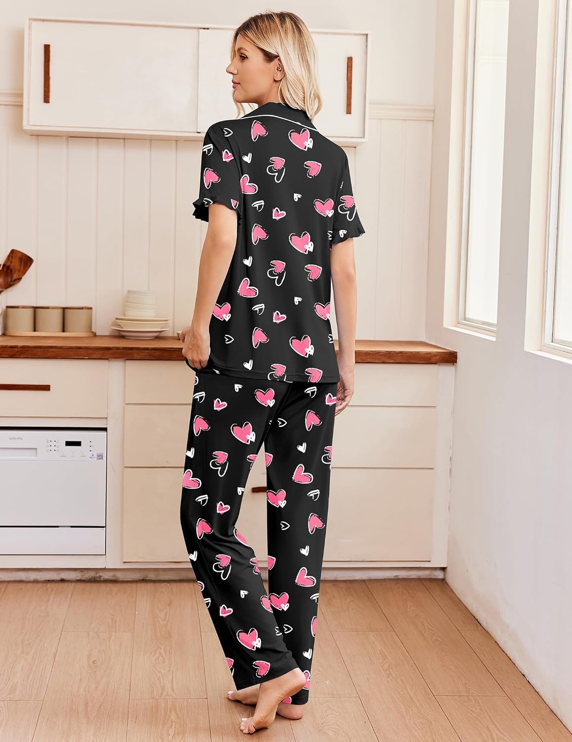 image:imageEkouaer Pajamas for Women Set Button Up Soft Pjs Short Sleeve Lounge Sets Cute Ruffle SleeveNotch CollarSide PocketsComfy Lightweight FabricIdeal for Daily WearPostpartumPartyBlack With Pink Hearts