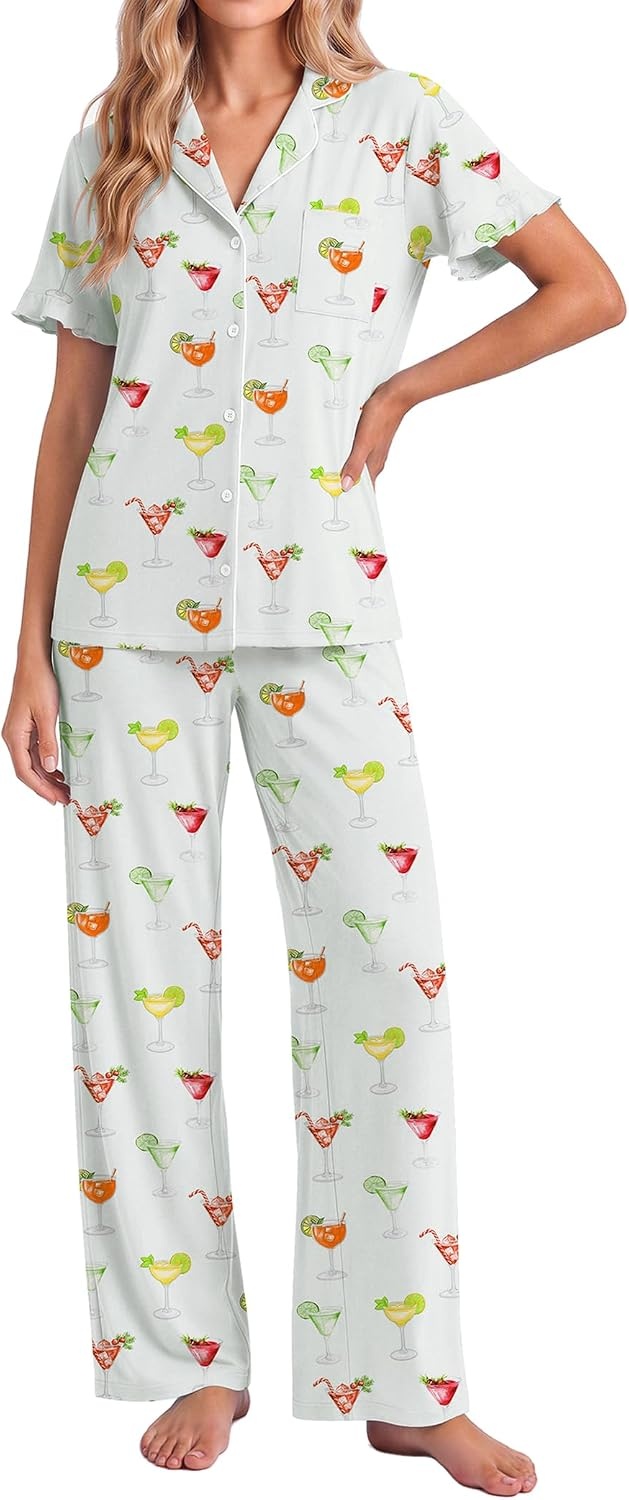 image:imageEkouaer Pajamas for Women Set Button Up Soft Pjs Short Sleeve Lounge Sets Cute Ruffle SleeveNotch CollarSide PocketsComfy Lightweight FabricIdeal for Daily WearPostpartumPartyGreen Cocktail Glass