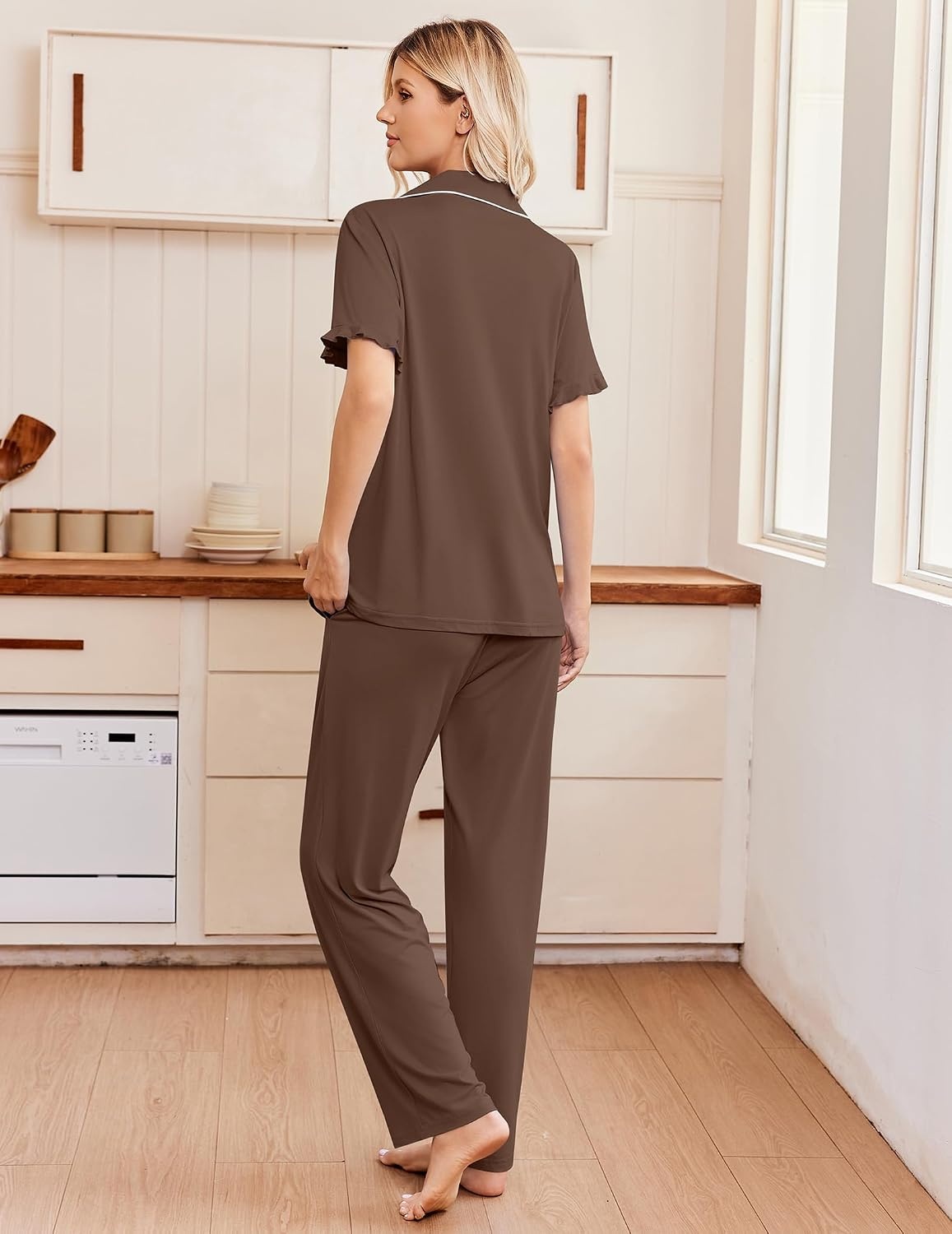 image:imageEkouaer Pajamas for Women Set Button Up Soft Pjs Short Sleeve Lounge Sets Cute Ruffle SleeveNotch CollarSide PocketsComfy Lightweight FabricIdeal for Daily WearPostpartumPartyBrown