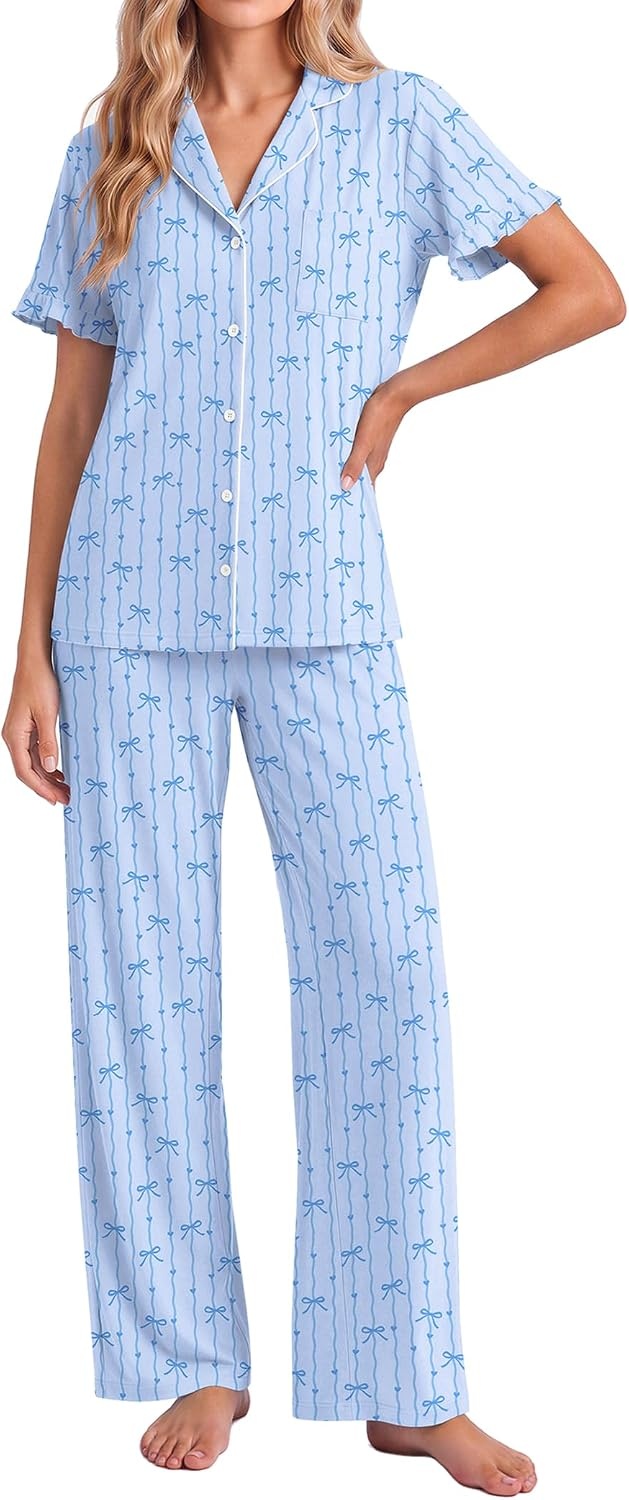 image:imageEkouaer Pajamas for Women Set Button Up Soft Pjs Short Sleeve Lounge Sets Cute Ruffle SleeveNotch CollarSide PocketsComfy Lightweight FabricIdeal for Daily WearPostpartumPartyBlue Stripes Bow