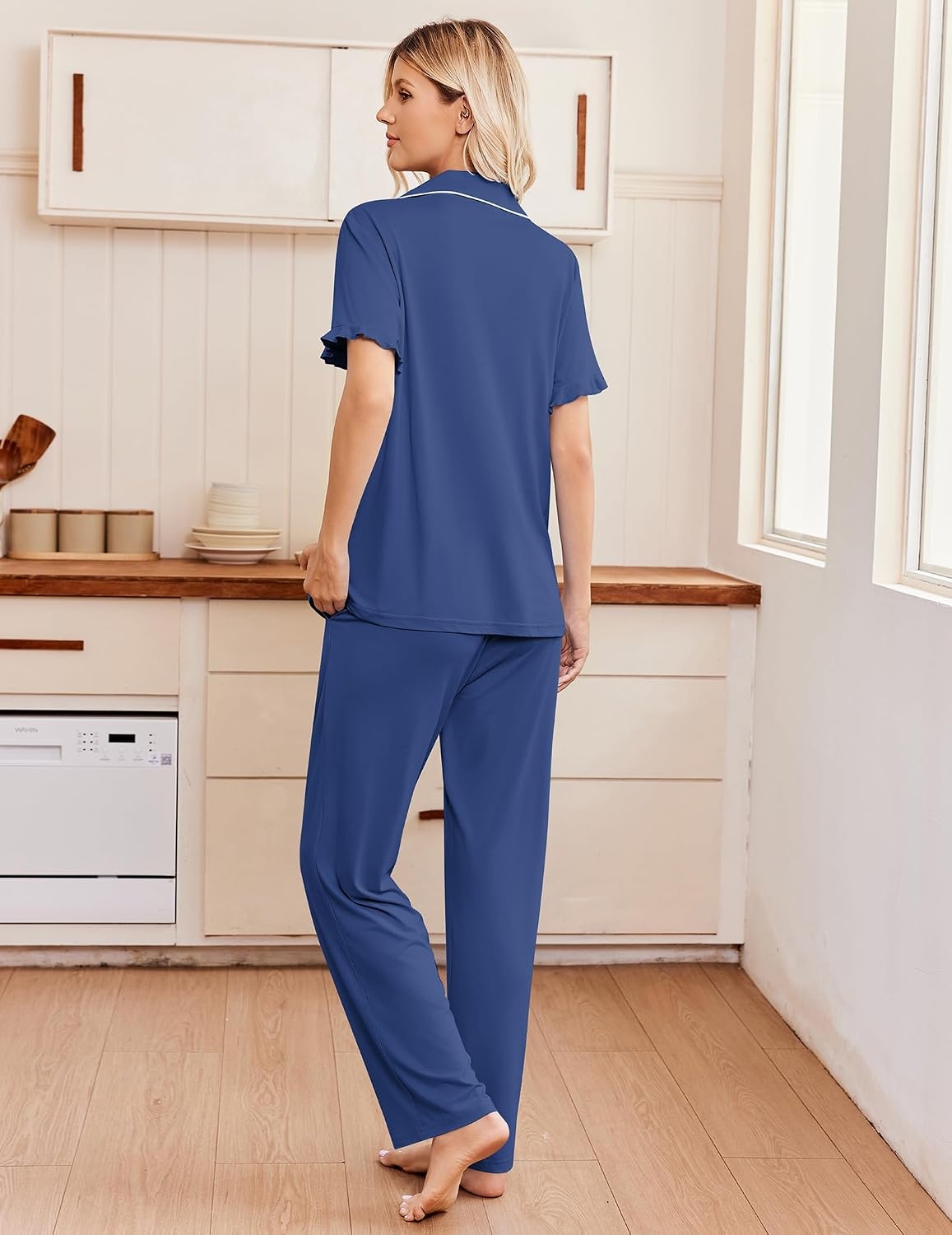 image:imageEkouaer Pajamas for Women Set Button Up Soft Pjs Short Sleeve Lounge Sets Cute Ruffle SleeveNotch CollarSide PocketsComfy Lightweight FabricIdeal for Daily WearPostpartumPartyNavy Blue