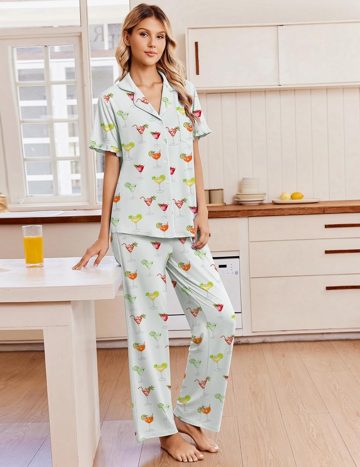 image:imageEkouaer Pajamas for Women Set Button Up Soft Pjs Short Sleeve Lounge Sets Cute Ruffle SleeveNotch CollarSide PocketsComfy Lightweight FabricIdeal for Daily WearPostpartumPartyGreen Cocktail Glass