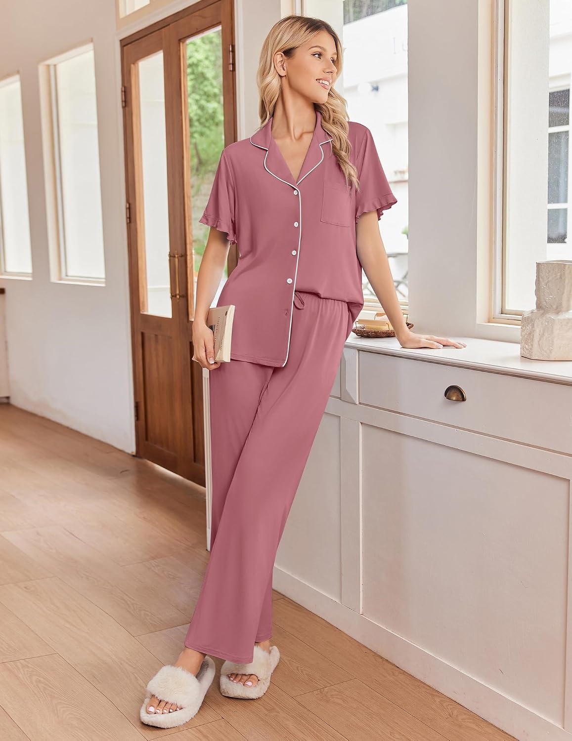 image:imageEkouaer Pajamas for Women Set Button Up Soft Pjs Short Sleeve Lounge Sets Cute Ruffle SleeveNotch CollarSide PocketsComfy Lightweight FabricIdeal for Daily WearPostpartumPartyOld Rose