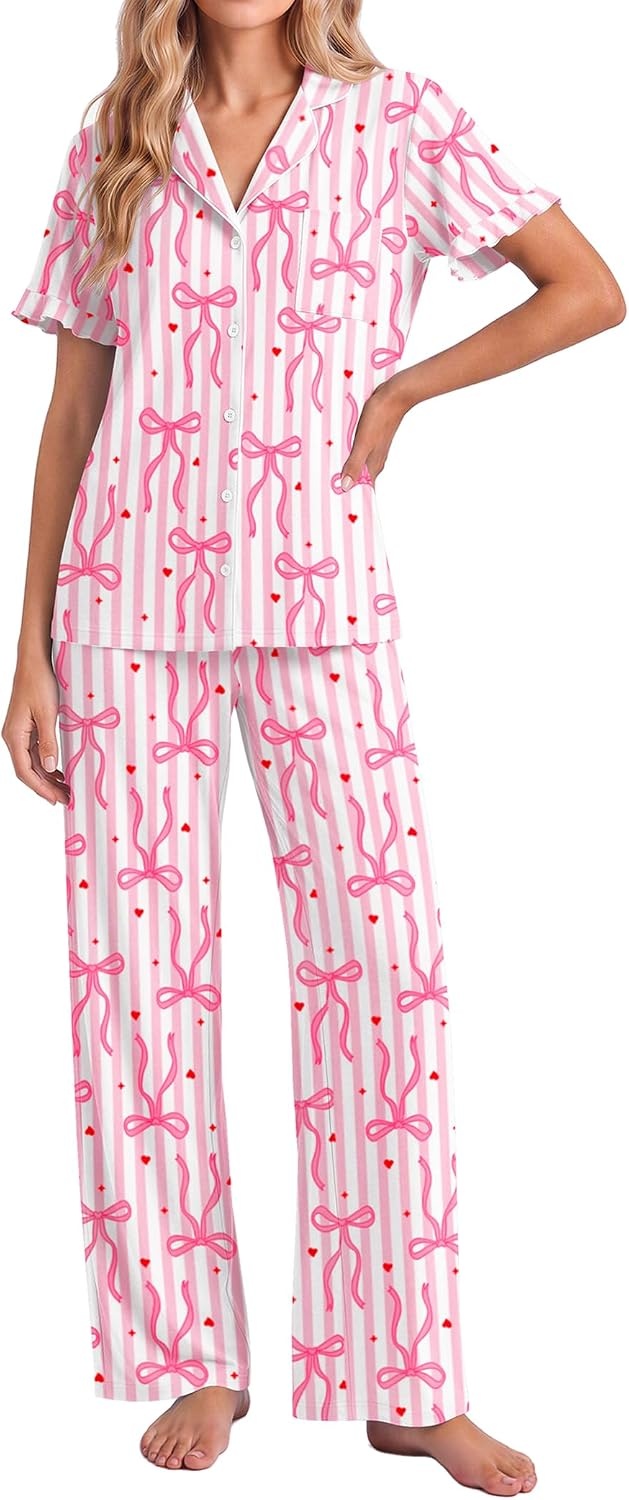 image:imageEkouaer Pajamas for Women Set Button Up Soft Pjs Short Sleeve Lounge Sets Cute Ruffle SleeveNotch CollarSide PocketsComfy Lightweight FabricIdeal for Daily WearPostpartumPartyPink Stripes Bow