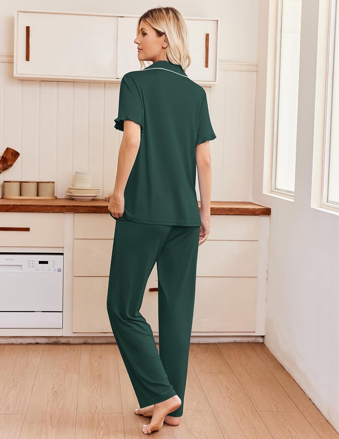 image:imageEkouaer Pajamas for Women Set Button Up Soft Pjs Short Sleeve Lounge Sets Cute Ruffle SleeveNotch CollarSide PocketsComfy Lightweight FabricIdeal for Daily WearPostpartumPartyDark Green