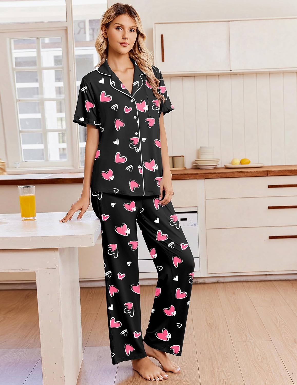 image:imageEkouaer Pajamas for Women Set Button Up Soft Pjs Short Sleeve Lounge Sets Cute Ruffle SleeveNotch CollarSide PocketsComfy Lightweight FabricIdeal for Daily WearPostpartumPartyBlack With Pink Hearts