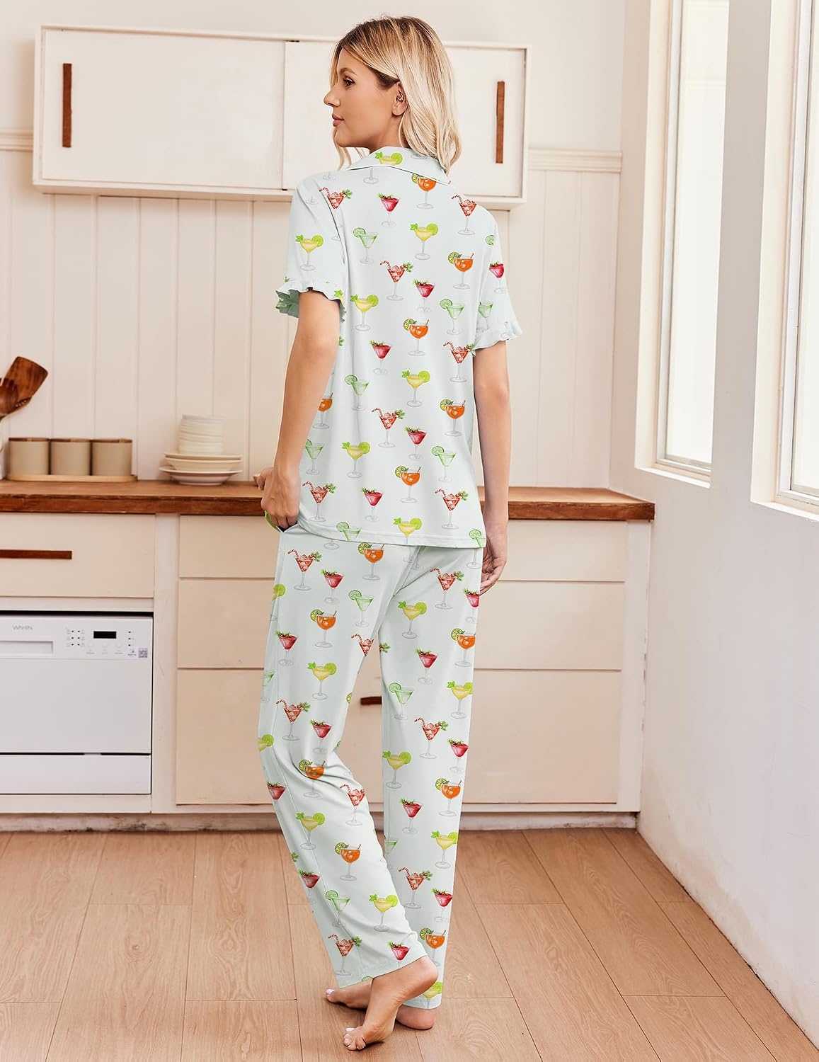 image:imageEkouaer Pajamas for Women Set Button Up Soft Pjs Short Sleeve Lounge Sets Cute Ruffle SleeveNotch CollarSide PocketsComfy Lightweight FabricIdeal for Daily WearPostpartumPartyGreen Cocktail Glass