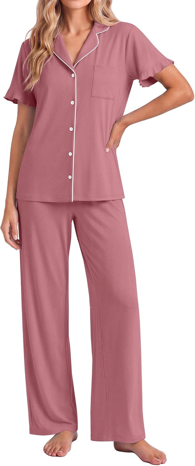 image:imageEkouaer Pajamas for Women Set Button Up Soft Pjs Short Sleeve Lounge Sets Cute Ruffle SleeveNotch CollarSide PocketsComfy Lightweight FabricIdeal for Daily WearPostpartumPartyOld Rose