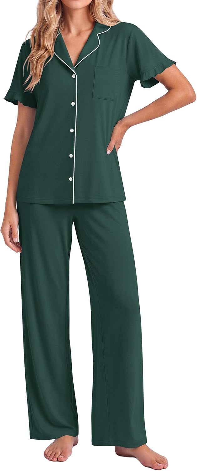 image:imageEkouaer Pajamas for Women Set Button Up Soft Pjs Short Sleeve Lounge Sets Cute Ruffle SleeveNotch CollarSide PocketsComfy Lightweight FabricIdeal for Daily WearPostpartumPartyDark Green