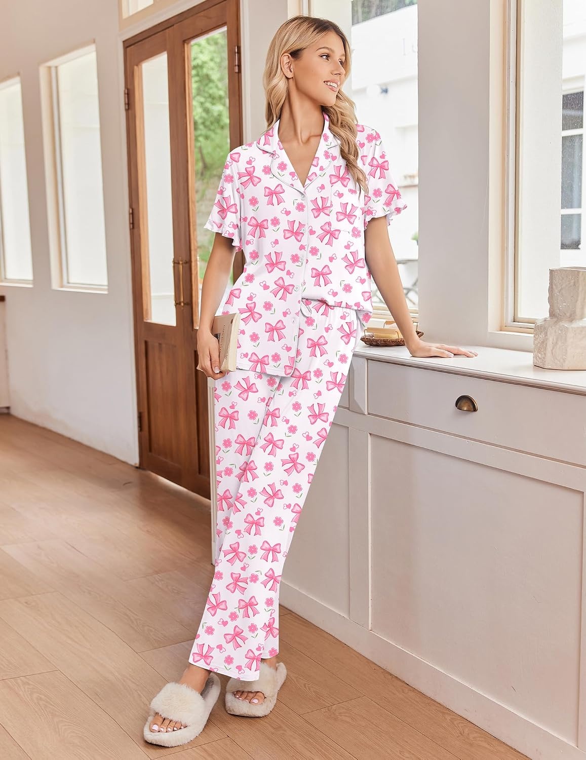 image:imageEkouaer Pajamas for Women Set Button Up Soft Pjs Short Sleeve Lounge Sets Cute Ruffle SleeveNotch CollarSide PocketsComfy Lightweight FabricIdeal for Daily WearPostpartumPartyPink Bow