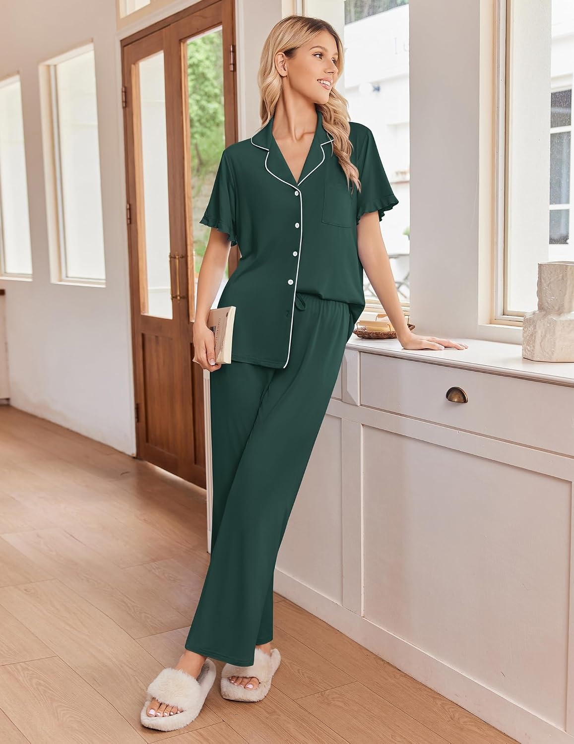 image:imageEkouaer Pajamas for Women Set Button Up Soft Pjs Short Sleeve Lounge Sets Cute Ruffle SleeveNotch CollarSide PocketsComfy Lightweight FabricIdeal for Daily WearPostpartumPartyDark Green