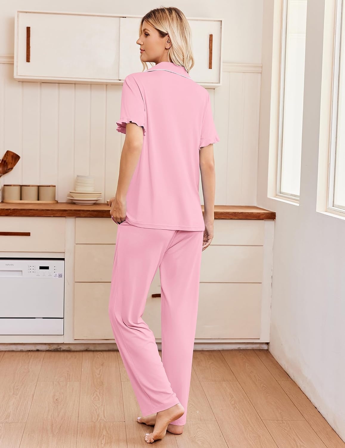 image:imageEkouaer Pajamas for Women Set Button Up Soft Pjs Short Sleeve Lounge Sets Cute Ruffle SleeveNotch CollarSide PocketsComfy Lightweight FabricIdeal for Daily WearPostpartumPartyPink