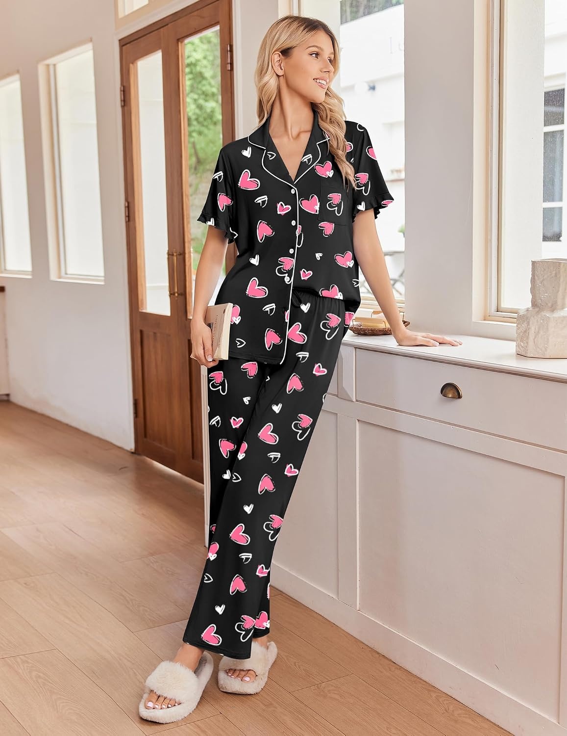 image:imageEkouaer Pajamas for Women Set Button Up Soft Pjs Short Sleeve Lounge Sets Cute Ruffle SleeveNotch CollarSide PocketsComfy Lightweight FabricIdeal for Daily WearPostpartumPartyBlack With Pink Hearts