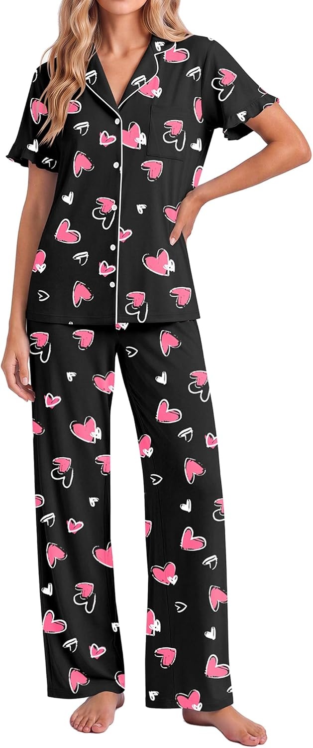 image:imageEkouaer Pajamas for Women Set Button Up Soft Pjs Short Sleeve Lounge Sets Cute Ruffle SleeveNotch CollarSide PocketsComfy Lightweight FabricIdeal for Daily WearPostpartumPartyBlack With Pink Hearts