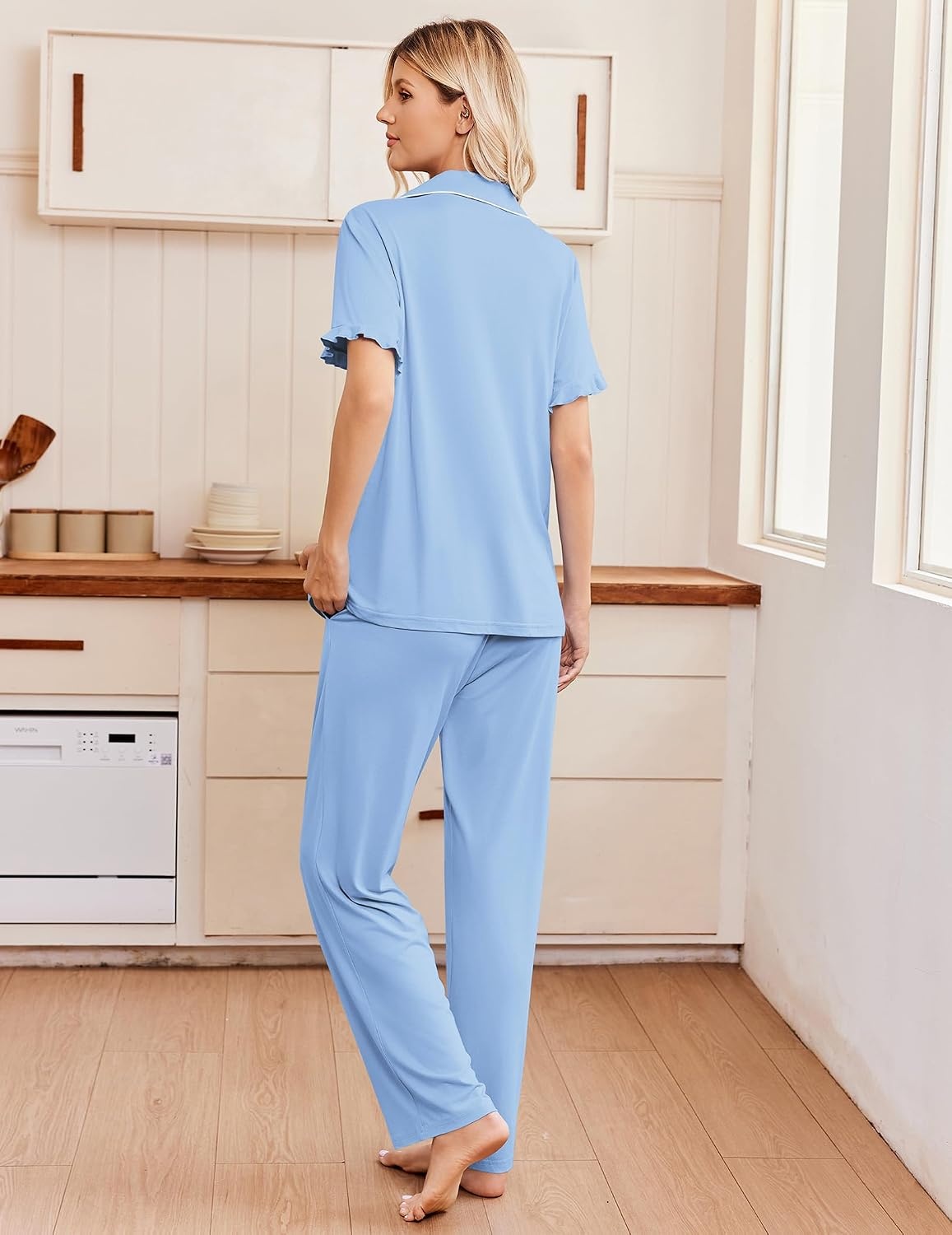 image:imageEkouaer Pajamas for Women Set Button Up Soft Pjs Short Sleeve Lounge Sets Cute Ruffle SleeveNotch CollarSide PocketsComfy Lightweight FabricIdeal for Daily WearPostpartumPartyLight Blue