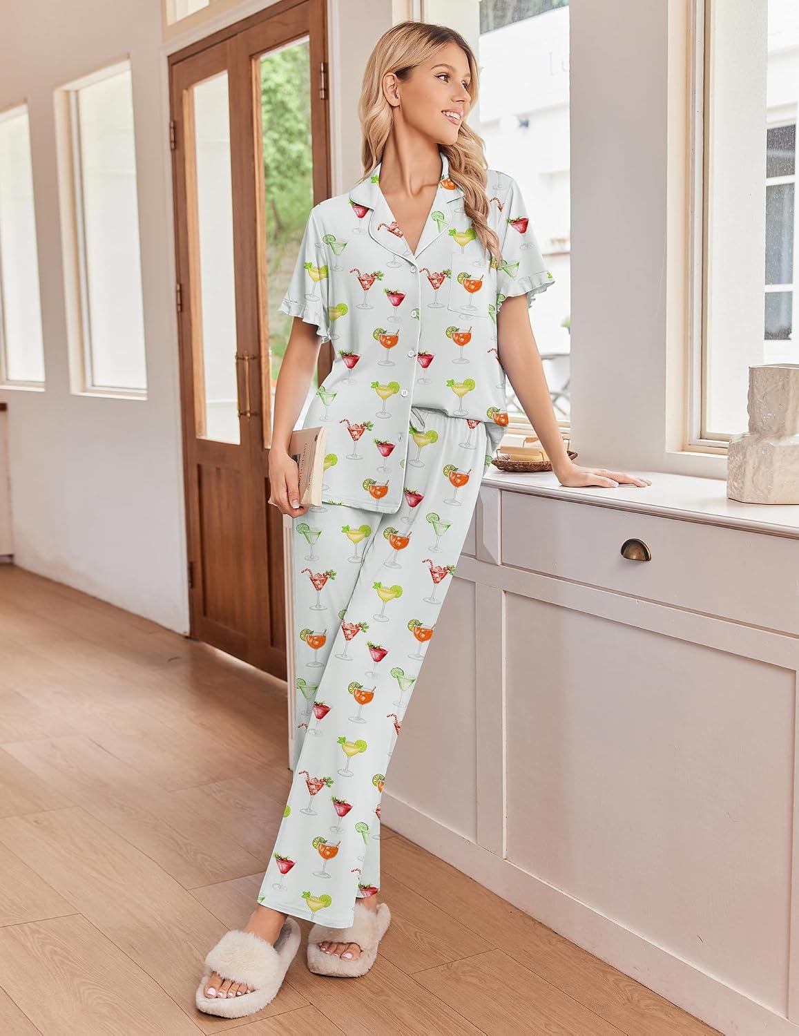 image:imageEkouaer Pajamas for Women Set Button Up Soft Pjs Short Sleeve Lounge Sets Cute Ruffle SleeveNotch CollarSide PocketsComfy Lightweight FabricIdeal for Daily WearPostpartumPartyGreen Cocktail Glass