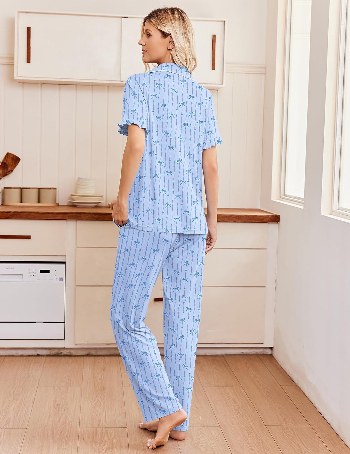 image:imageEkouaer Pajamas for Women Set Button Up Soft Pjs Short Sleeve Lounge Sets Cute Ruffle SleeveNotch CollarSide PocketsComfy Lightweight FabricIdeal for Daily WearPostpartumPartyBlue Stripes Bow