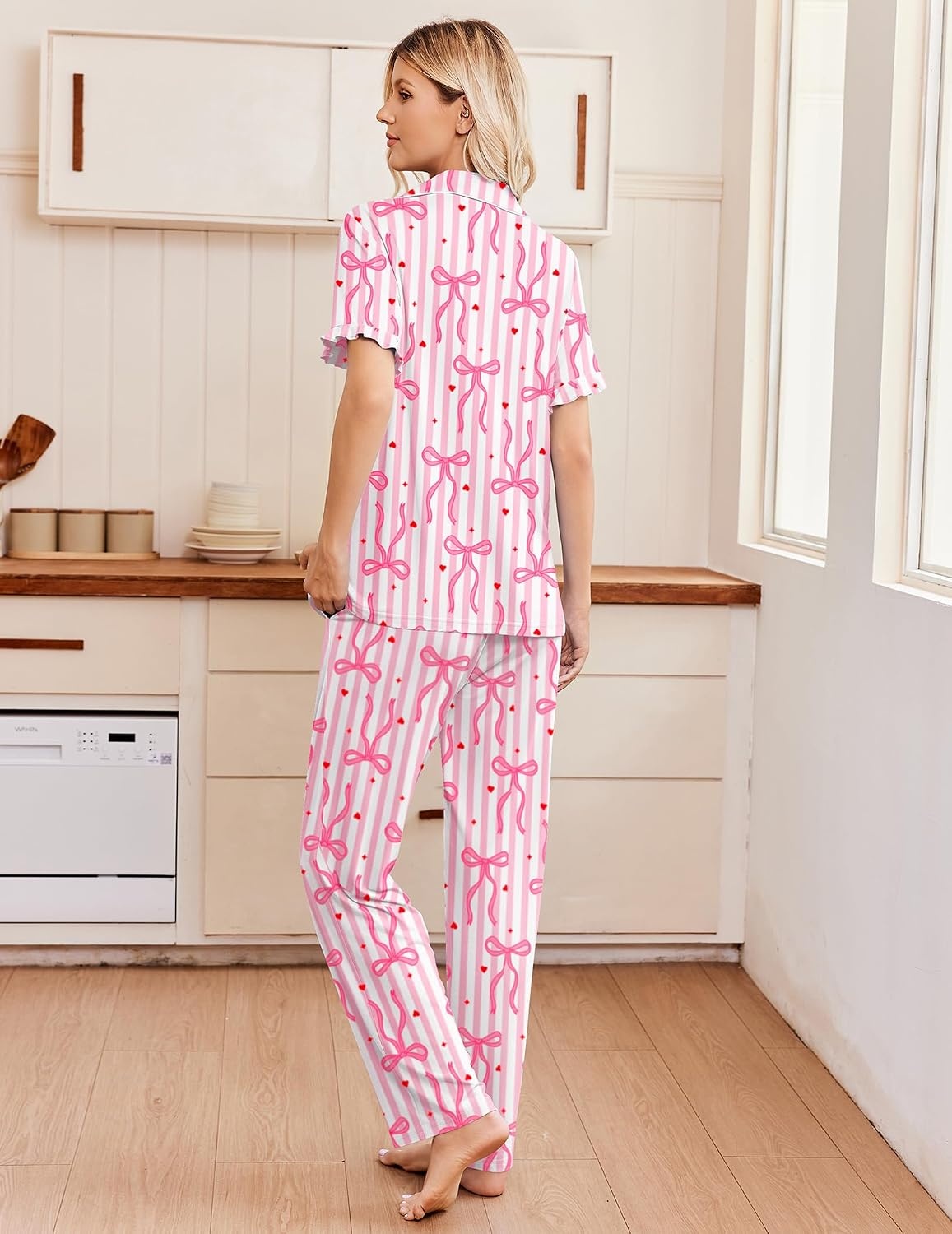 image:imageEkouaer Pajamas for Women Set Button Up Soft Pjs Short Sleeve Lounge Sets Cute Ruffle SleeveNotch CollarSide PocketsComfy Lightweight FabricIdeal for Daily WearPostpartumPartyPink Stripes Bow