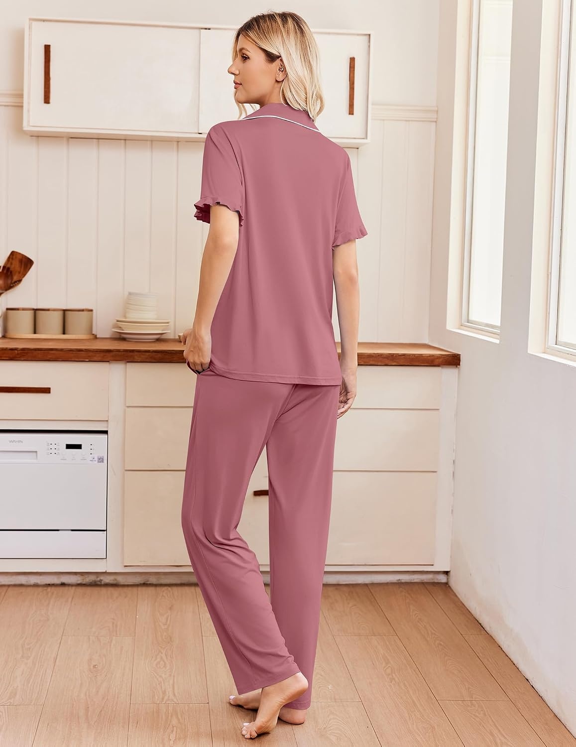image:imageEkouaer Pajamas for Women Set Button Up Soft Pjs Short Sleeve Lounge Sets Cute Ruffle SleeveNotch CollarSide PocketsComfy Lightweight FabricIdeal for Daily WearPostpartumPartyOld Rose