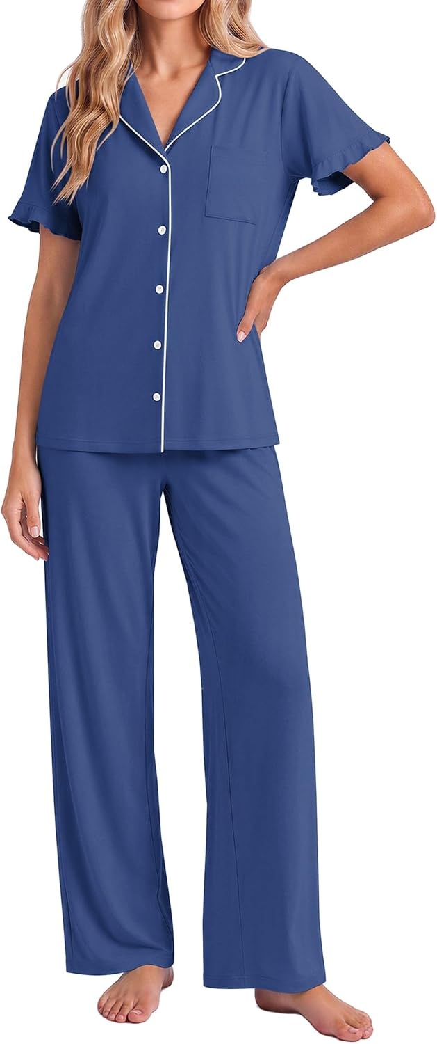image:imageEkouaer Pajamas for Women Set Button Up Soft Pjs Short Sleeve Lounge Sets Cute Ruffle SleeveNotch CollarSide PocketsComfy Lightweight FabricIdeal for Daily WearPostpartumPartyNavy Blue