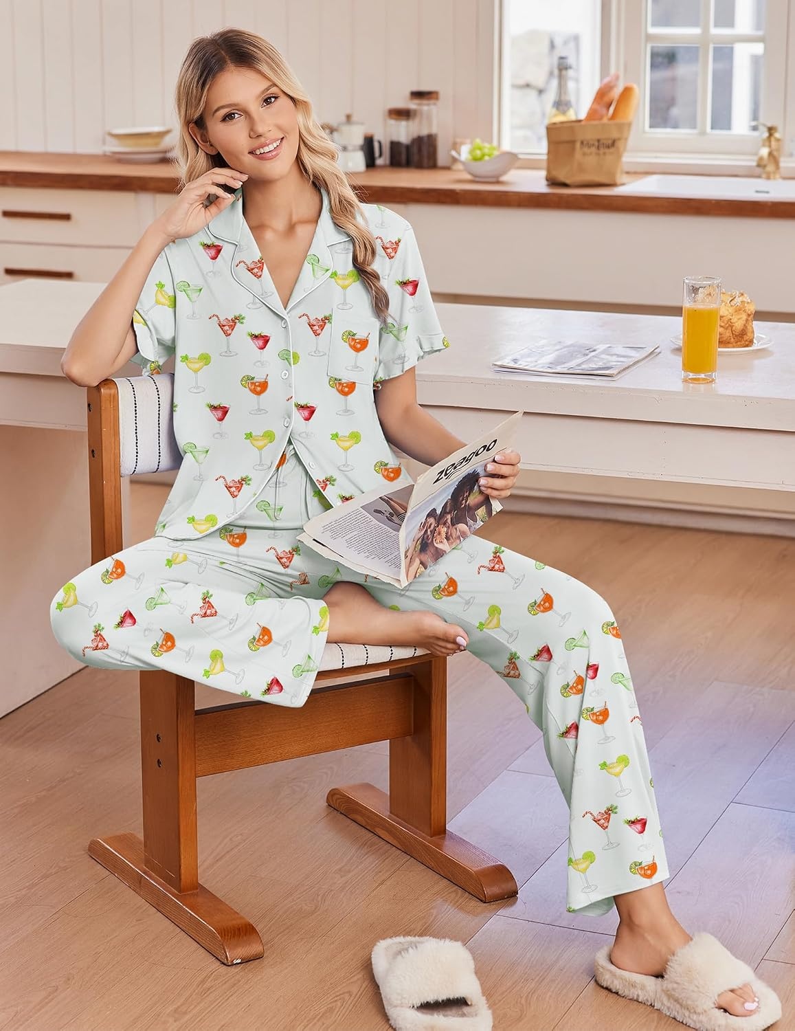 image:imageEkouaer Pajamas for Women Set Button Up Soft Pjs Short Sleeve Lounge Sets Cute Ruffle SleeveNotch CollarSide PocketsComfy Lightweight FabricIdeal for Daily WearPostpartumPartyGreen Cocktail Glass