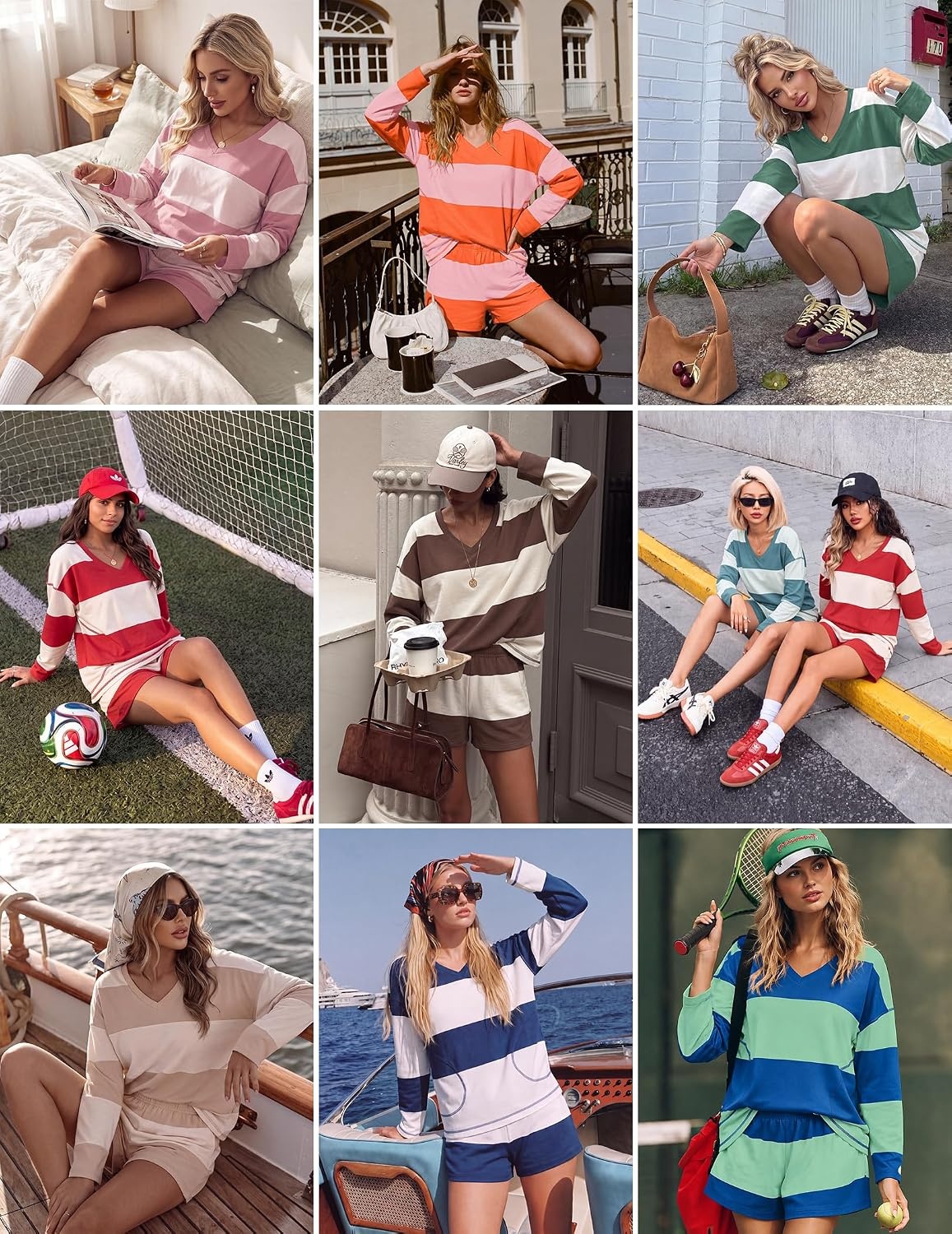 image:imageEkouaer Two Piece Sets for Women Fall Lounge Sets Long Sleeve Shorts Set Oversized Matching Outfit 2026 Fall Striped Shirts and Shorts Set V Neck Top with Pockets Casual Matching Clothing SetArmy Green White Combo