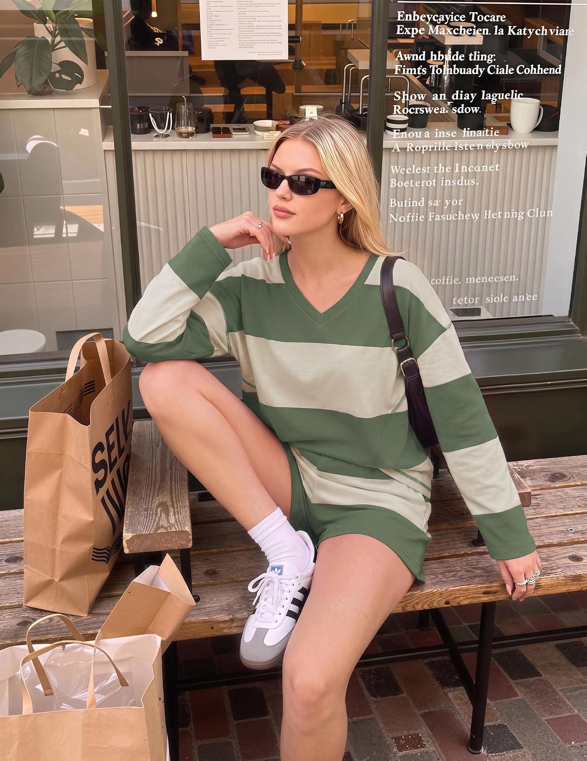 image:imageEkouaer Two Piece Sets for Women Fall Lounge Sets Long Sleeve Shorts Set Oversized Matching Outfit 2026 Fall Striped Shirts and Shorts Set V Neck Top with Pockets Casual Matching Clothing SetArmy Green White Combo