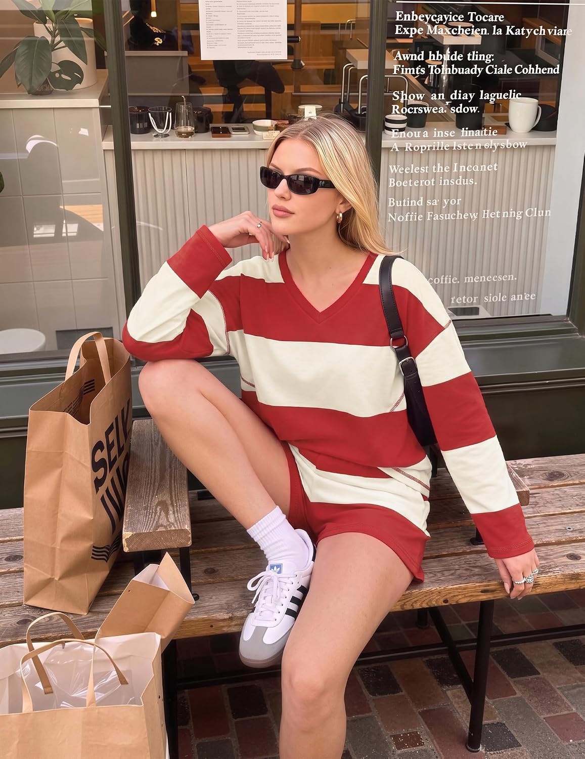 image:imageEkouaer Two Piece Sets for Women Fall Lounge Sets Long Sleeve Shorts Set Oversized Matching Outfit 2026 Fall Striped Shirts and Shorts Set V Neck Top with Pockets Casual Matching Clothing SetRed Beige Combo