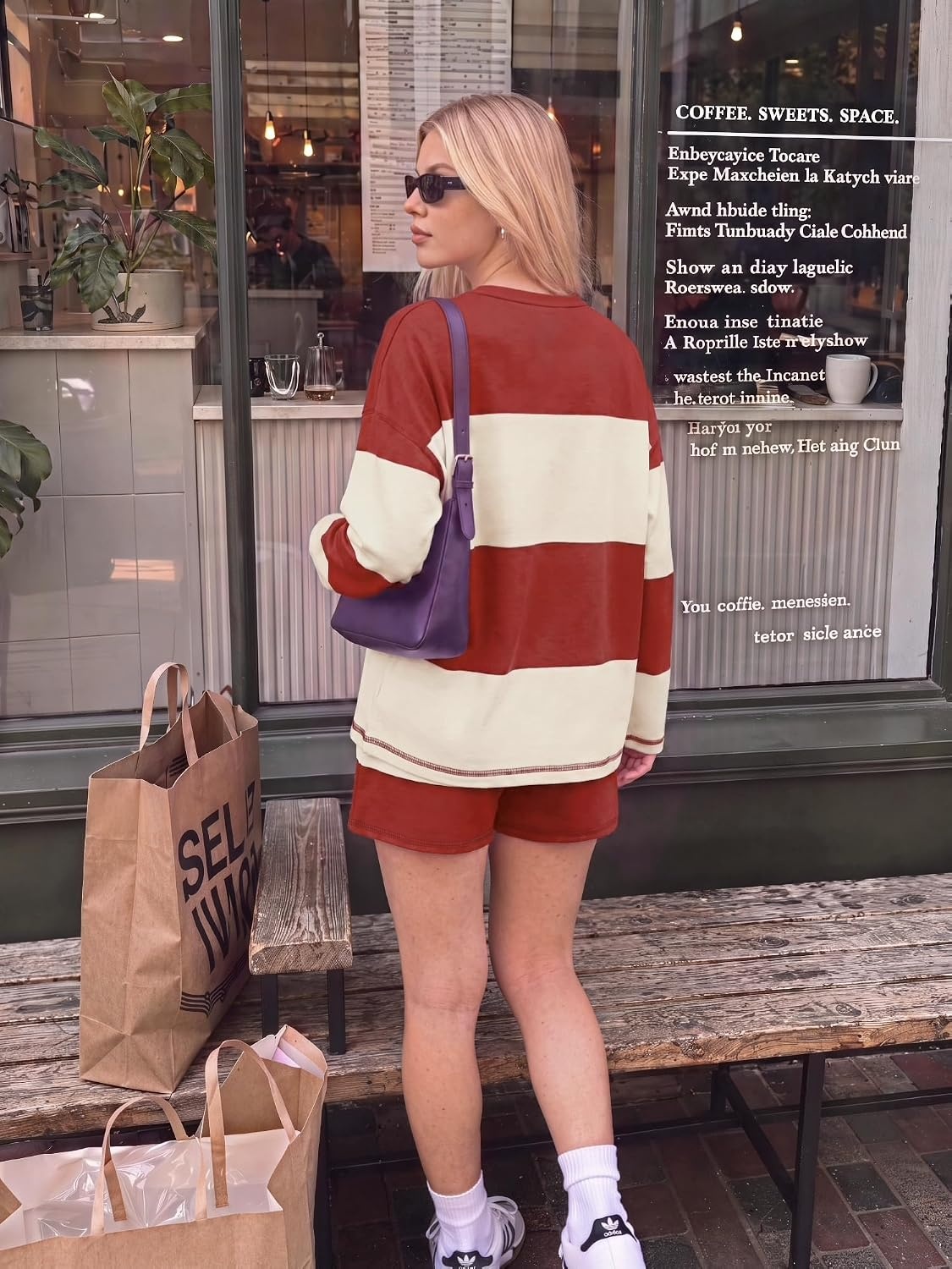 image:imageEkouaer Two Piece Sets for Women Fall Lounge Sets Long Sleeve Shorts Set Oversized Matching Outfit 2026 Fall Striped Shirts and Shorts Set V Neck Top with Pockets Casual Matching Clothing SetRed Beige Combo