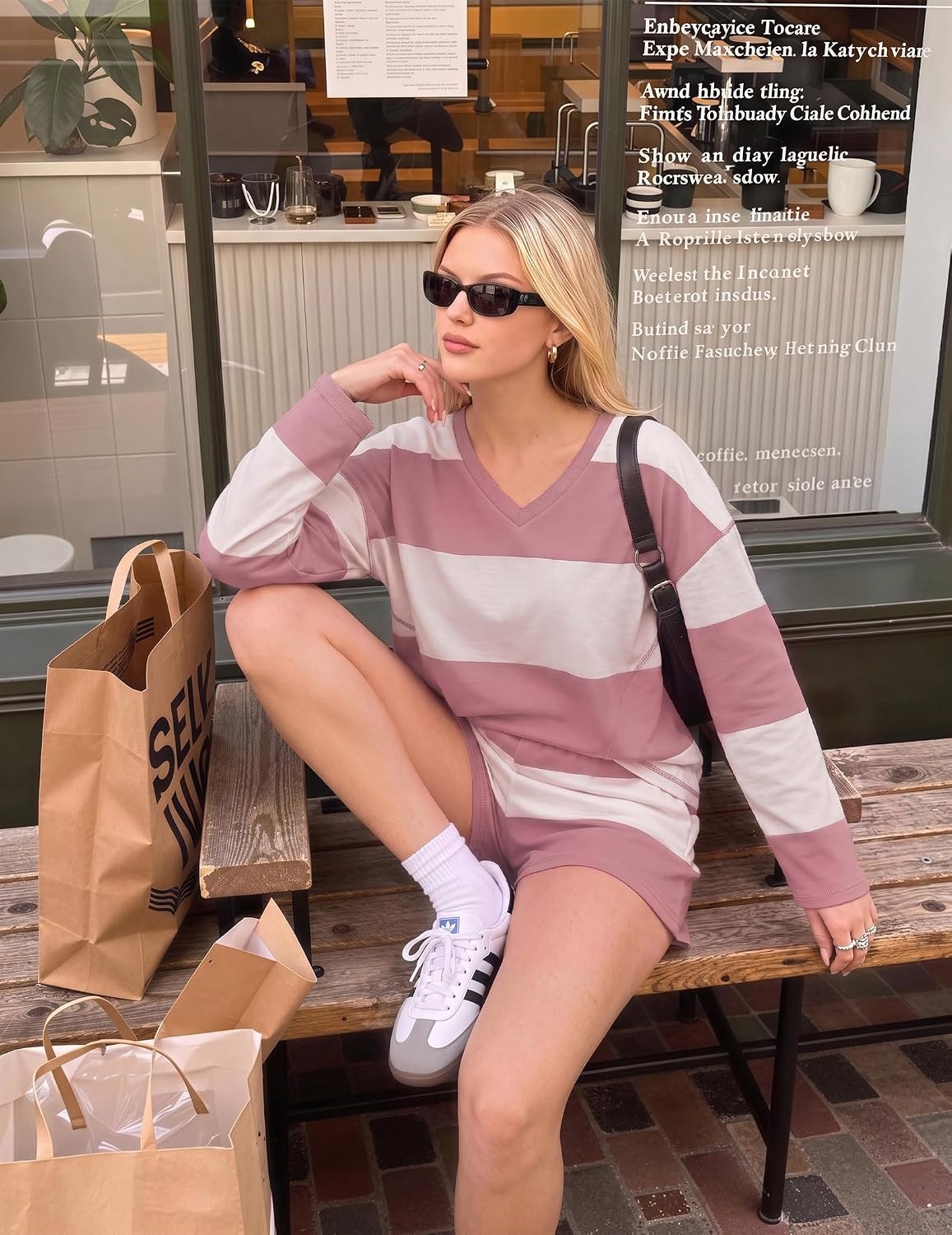 image:imageEkouaer Two Piece Sets for Women Fall Lounge Sets Long Sleeve Shorts Set Oversized Matching Outfit 2026 Fall Striped Shirts and Shorts Set V Neck Top with Pockets Casual Matching Clothing SetPink Combo
