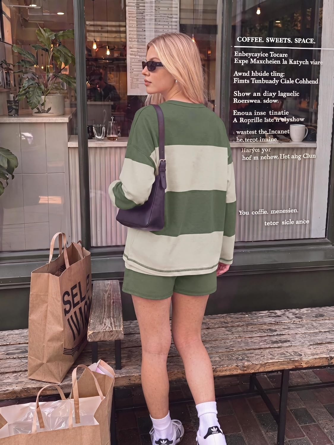image:imageEkouaer Two Piece Sets for Women Fall Lounge Sets Long Sleeve Shorts Set Oversized Matching Outfit 2026 Fall Striped Shirts and Shorts Set V Neck Top with Pockets Casual Matching Clothing SetArmy Green White Combo