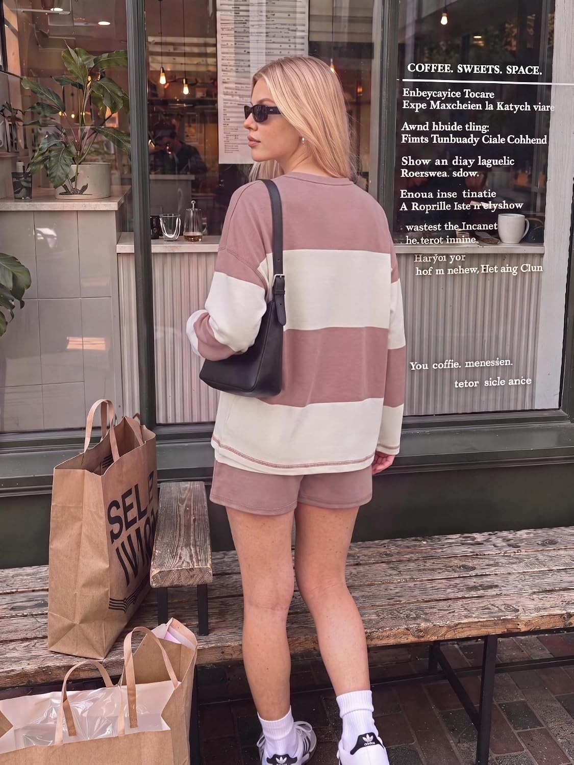 image:imageEkouaer Two Piece Sets for Women Fall Lounge Sets Long Sleeve Shorts Set Oversized Matching Outfit 2026 Fall Striped Shirts and Shorts Set V Neck Top with Pockets Casual Matching Clothing SetPink Combo