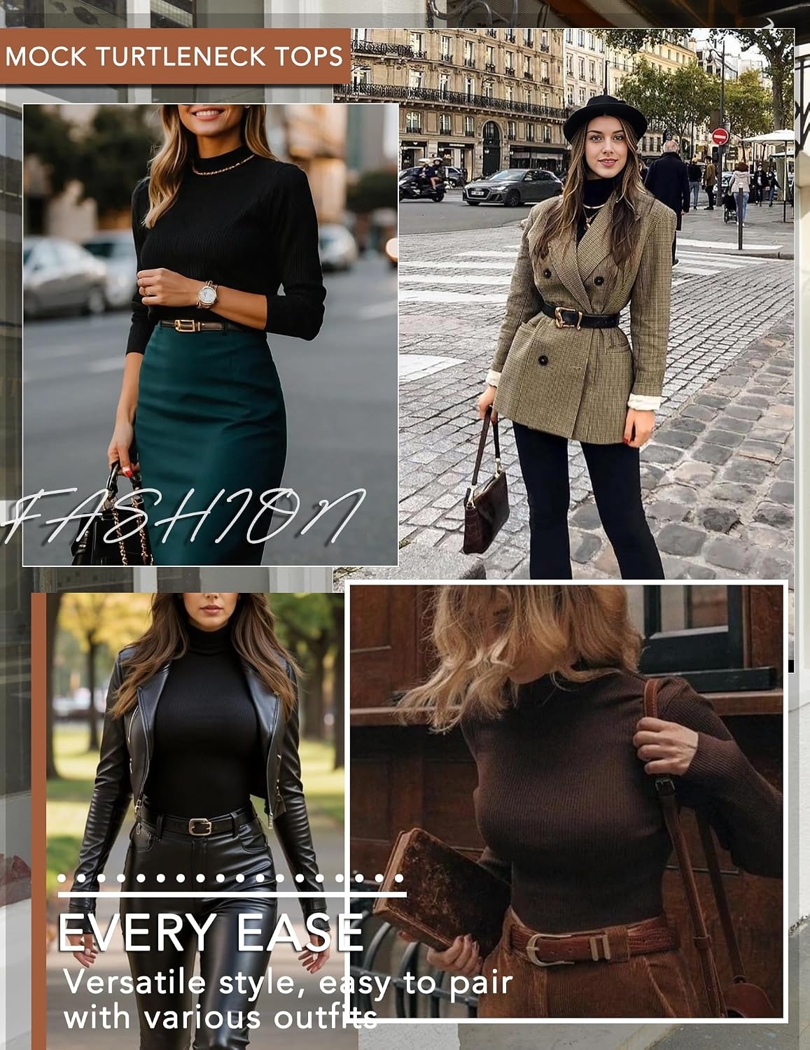 image:imageEkouaer Womens 3 Pack Turtleneck Shirts Long Sleeve Mock Undershirts Mock Neck Soft Base Layer Thermal Tops Underwear Stretchy Fit Buttery Soft Fashion Winter ClothesBlackBeigeBrown