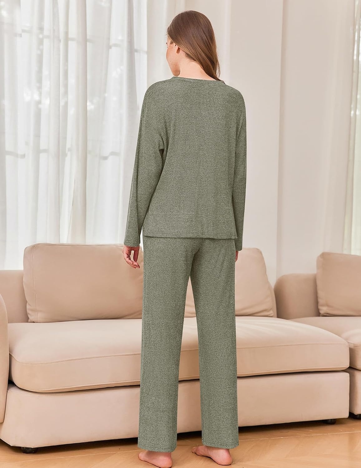 image:imageEkouaer Womens Pajama sets Long Sleeve Cozy 2 Piece Matching Lounge Set Comfy nonitchy ribbed knit pjs henley neck drop shoulder loose fit elastic waist pants with pockets fall pjs great giftOlive Green
