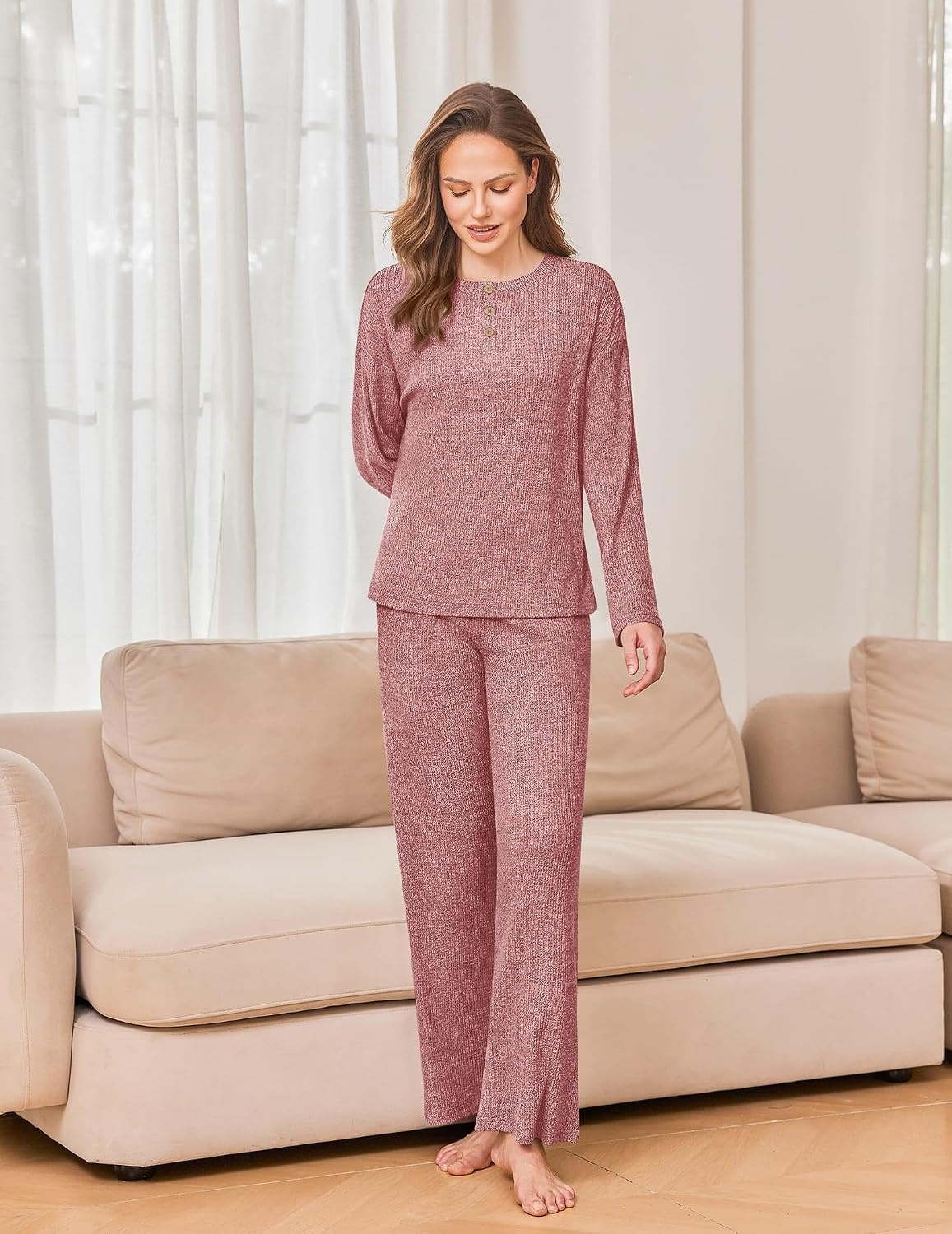 image:imageEkouaer Womens Pajama sets Long Sleeve Cozy 2 Piece Matching Lounge Set Comfy nonitchy ribbed knit pjs henley neck drop shoulder loose fit elastic waist pants with pockets fall pjs great giftWine Red