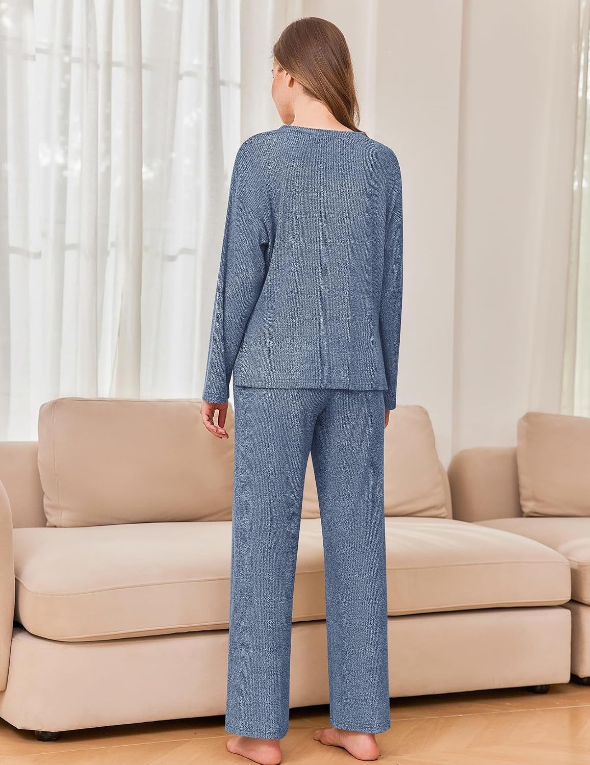 image:imageEkouaer Womens Pajama sets Long Sleeve Cozy 2 Piece Matching Lounge Set Comfy nonitchy ribbed knit pjs henley neck drop shoulder loose fit elastic waist pants with pockets fall pjs great giftDusty Blue