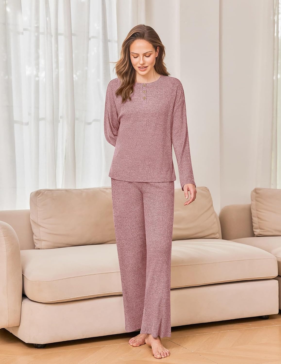 image:imageEkouaer Womens Pajama sets Long Sleeve Cozy 2 Piece Matching Lounge Set Comfy nonitchy ribbed knit pjs henley neck drop shoulder loose fit elastic waist pants with pockets fall pjs great giftDusty Rose