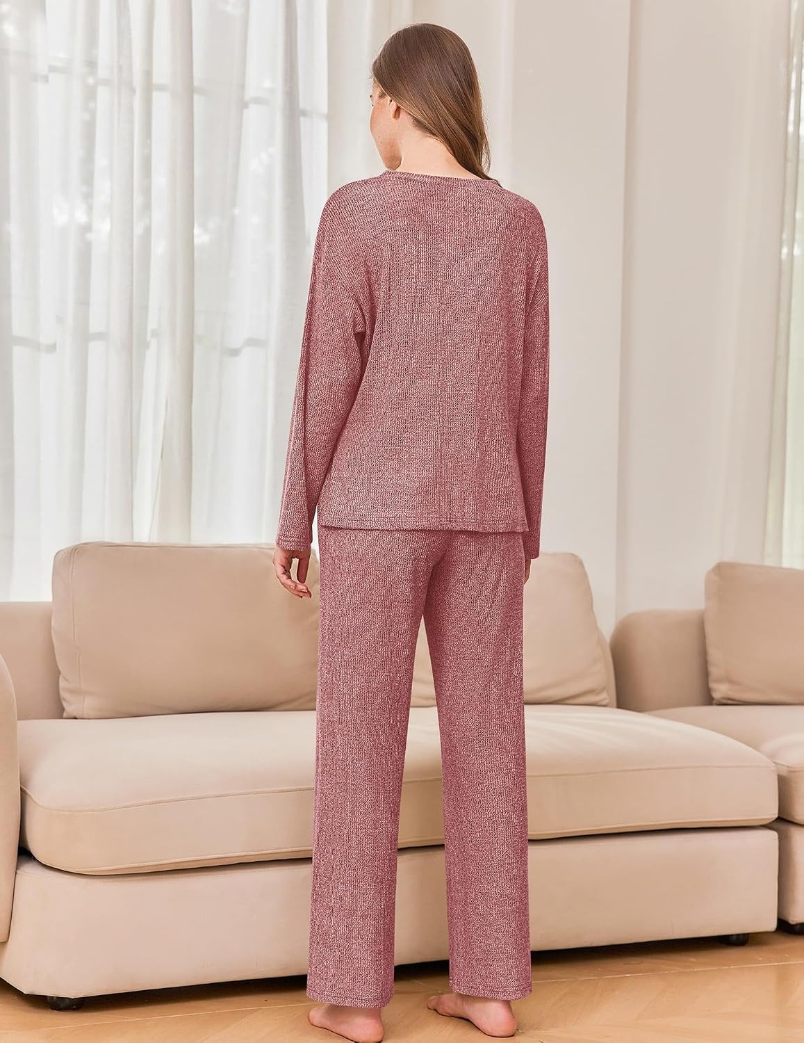 image:imageEkouaer Womens Pajama sets Long Sleeve Cozy 2 Piece Matching Lounge Set Comfy nonitchy ribbed knit pjs henley neck drop shoulder loose fit elastic waist pants with pockets fall pjs great giftWine Red