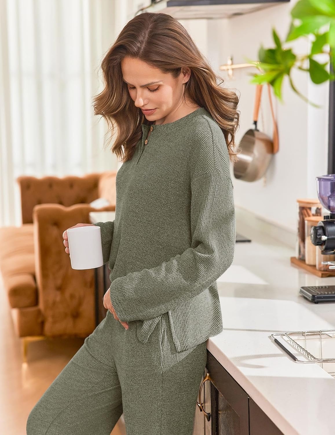 image:imageEkouaer Womens Pajama sets Long Sleeve Cozy 2 Piece Matching Lounge Set Comfy nonitchy ribbed knit pjs henley neck drop shoulder loose fit elastic waist pants with pockets fall pjs great giftOlive Green