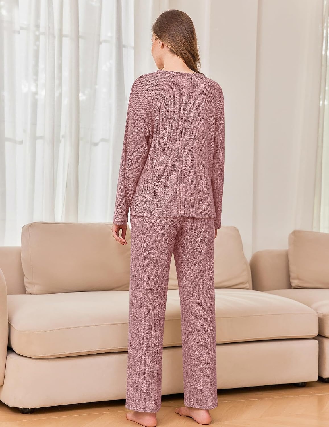 image:imageEkouaer Womens Pajama sets Long Sleeve Cozy 2 Piece Matching Lounge Set Comfy nonitchy ribbed knit pjs henley neck drop shoulder loose fit elastic waist pants with pockets fall pjs great giftDusty Rose