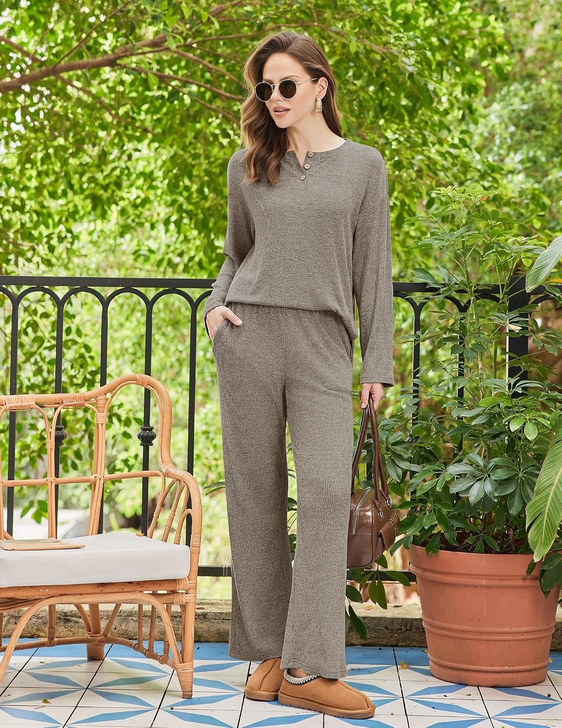 image:imageEkouaer Womens Pajama sets Long Sleeve Cozy 2 Piece Matching Lounge Set Comfy nonitchy ribbed knit pjs henley neck drop shoulder loose fit elastic waist pants with pockets fall pjs great giftTaupe