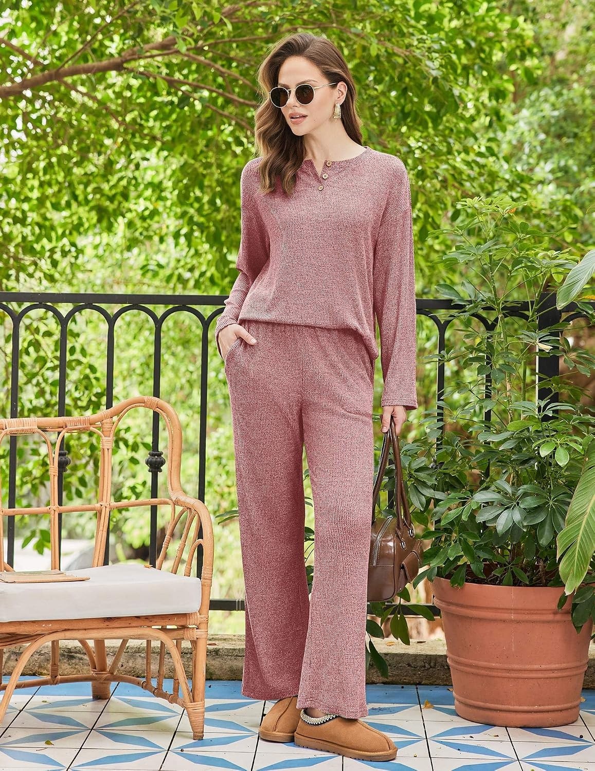 image:imageEkouaer Womens Pajama sets Long Sleeve Cozy 2 Piece Matching Lounge Set Comfy nonitchy ribbed knit pjs henley neck drop shoulder loose fit elastic waist pants with pockets fall pjs great giftWine Red