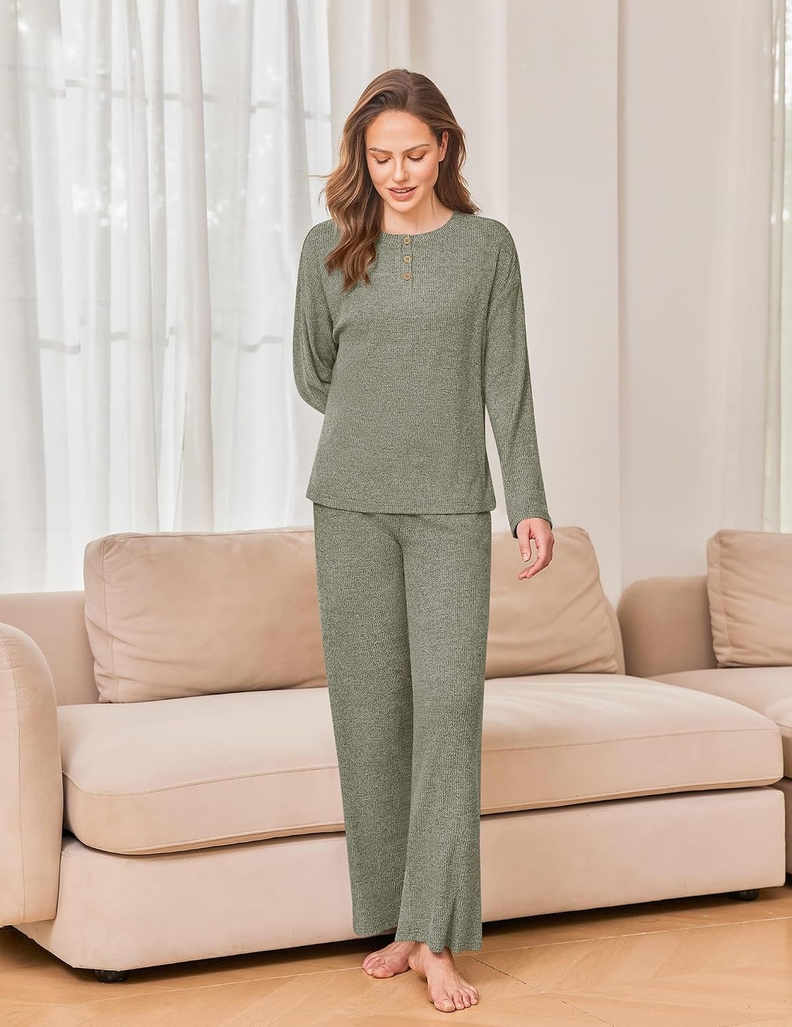 image:imageEkouaer Womens Pajama sets Long Sleeve Cozy 2 Piece Matching Lounge Set Comfy nonitchy ribbed knit pjs henley neck drop shoulder loose fit elastic waist pants with pockets fall pjs great giftOlive Green