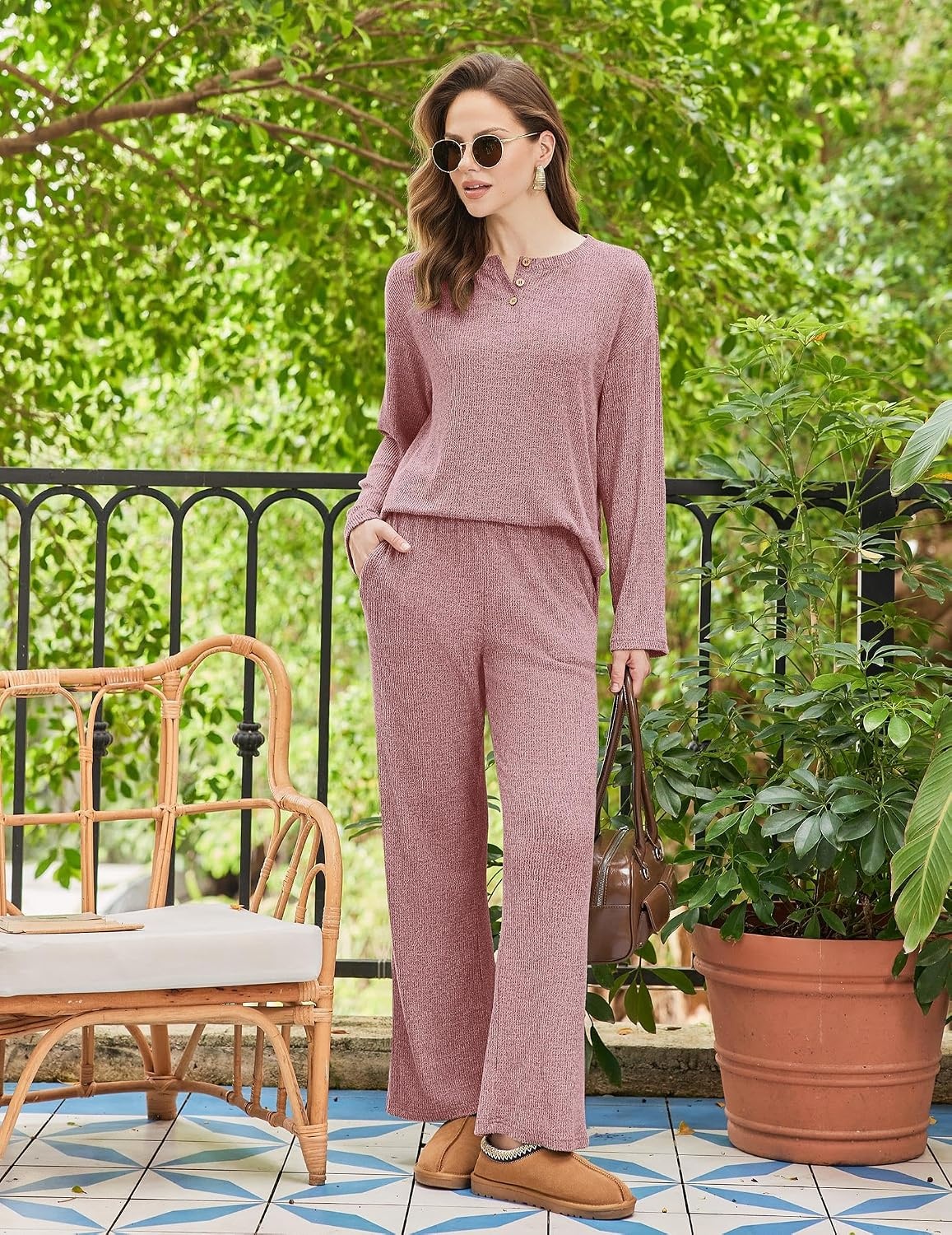 image:imageEkouaer Womens Pajama sets Long Sleeve Cozy 2 Piece Matching Lounge Set Comfy nonitchy ribbed knit pjs henley neck drop shoulder loose fit elastic waist pants with pockets fall pjs great giftDusty Rose