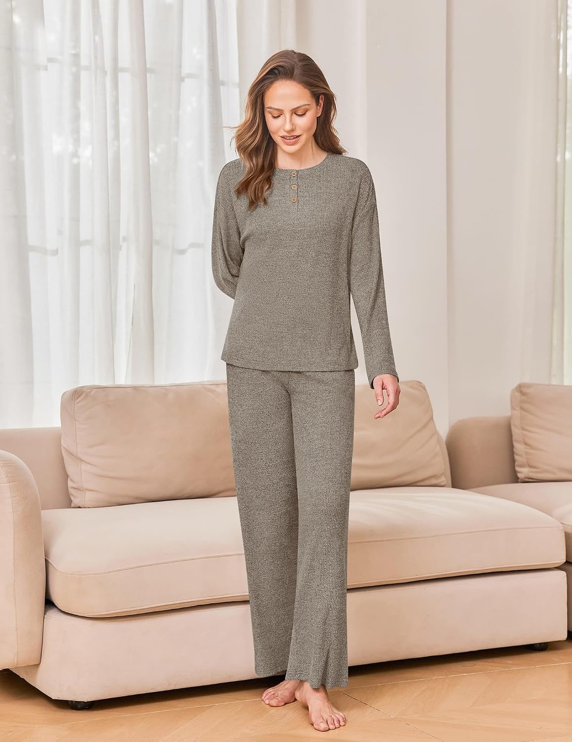 image:imageEkouaer Womens Pajama sets Long Sleeve Cozy 2 Piece Matching Lounge Set Comfy nonitchy ribbed knit pjs henley neck drop shoulder loose fit elastic waist pants with pockets fall pjs great giftTaupe