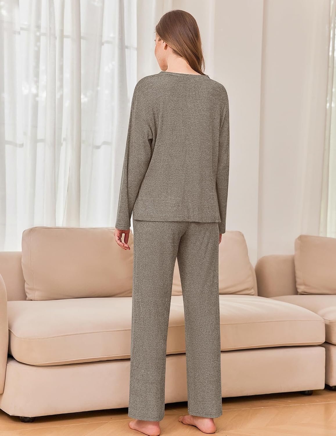 image:imageEkouaer Womens Pajama sets Long Sleeve Cozy 2 Piece Matching Lounge Set Comfy nonitchy ribbed knit pjs henley neck drop shoulder loose fit elastic waist pants with pockets fall pjs great giftTaupe